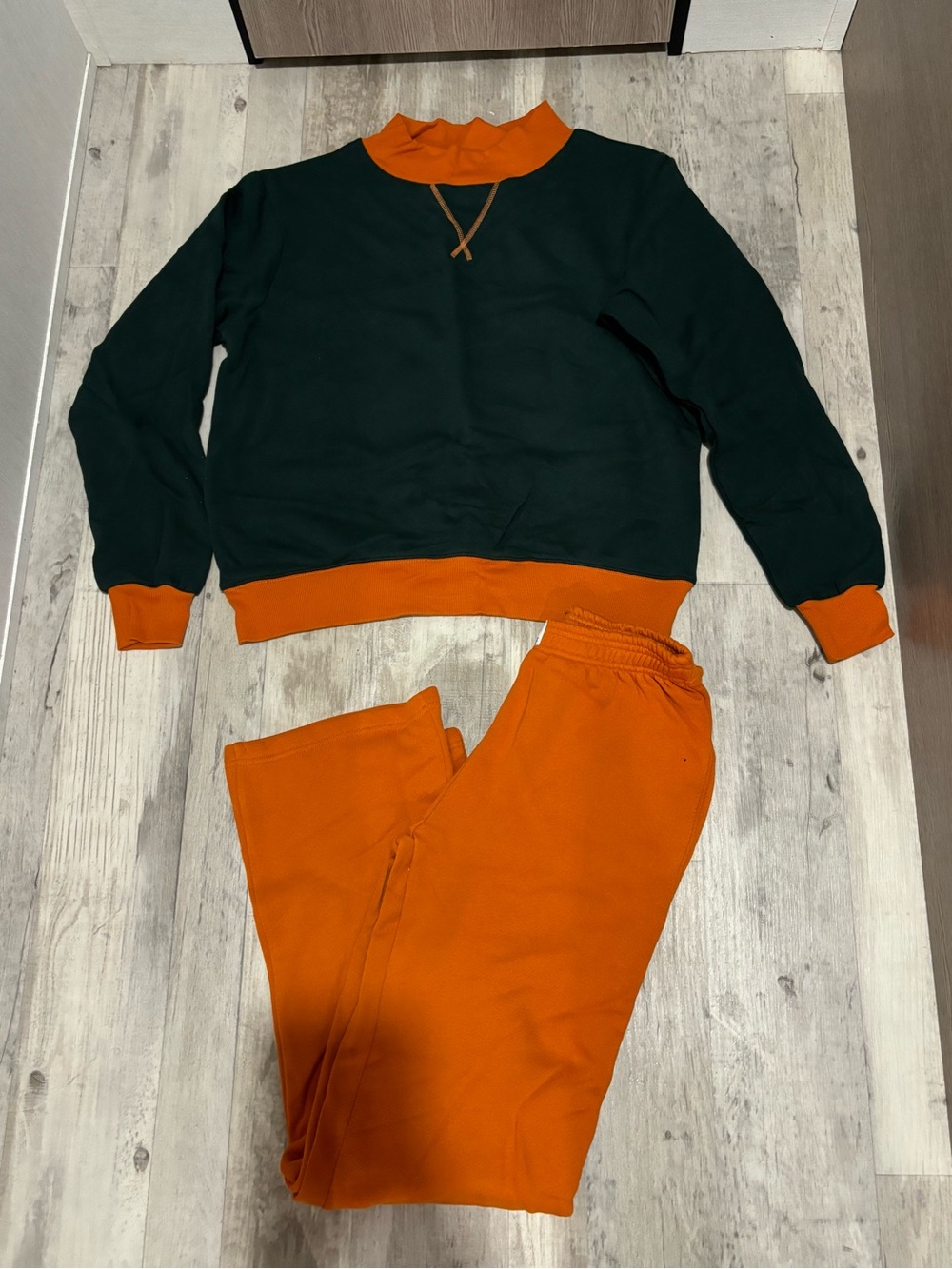 Crewneck Sweatshirt in Dark Green with Orange Trim - Women's Crewneck Sweater